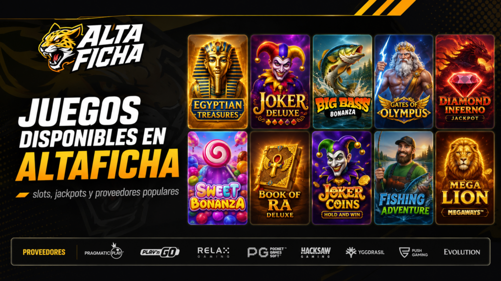 Catálogo de tragamonedas de Altaficha con slots, jackpots y proveedores de juegos online